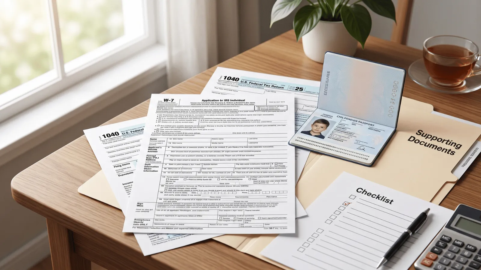 Desk with Form W-7, child's passport, supporting documents folder, and U.S. tax return form for ITIN application preparation