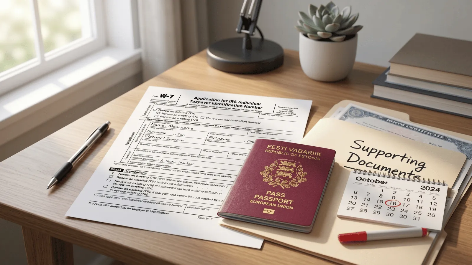 Desk with IRS Form W-7 renewal application, U.S. passport, and supporting documents folder in a home office setting